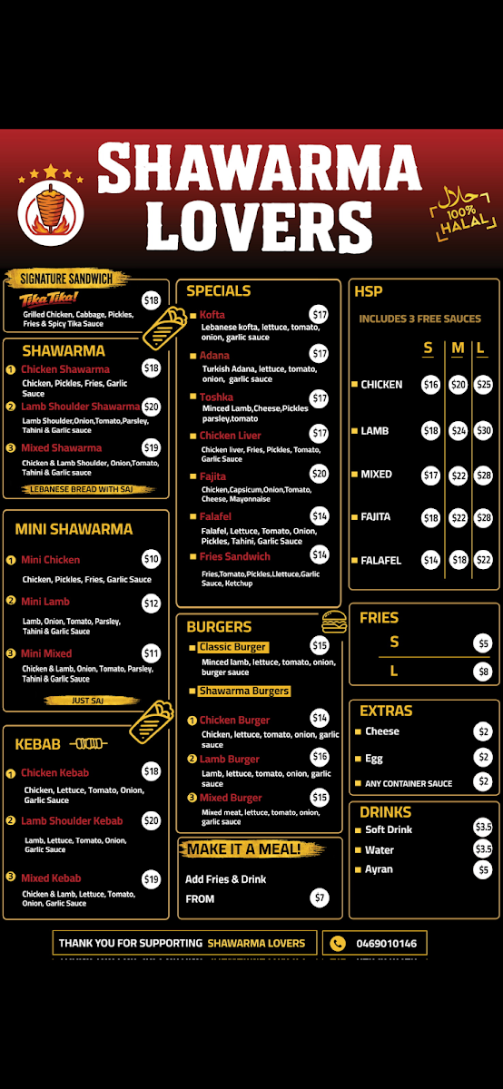 Menu, SHAWARMA LOVERs