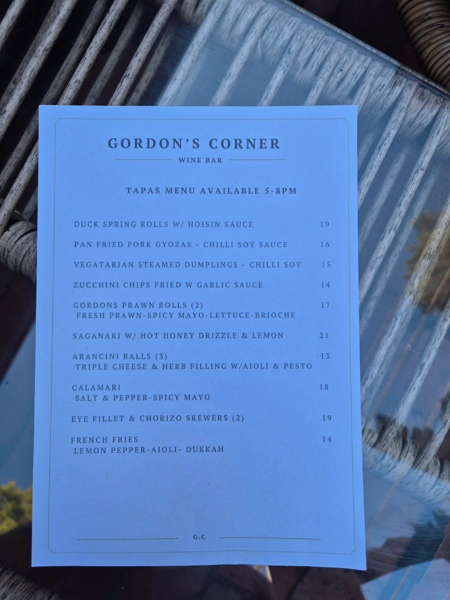 Menu, Gordons corner