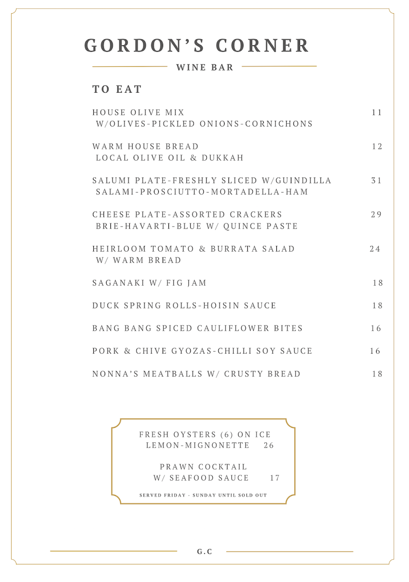 Menu, Gordons corner