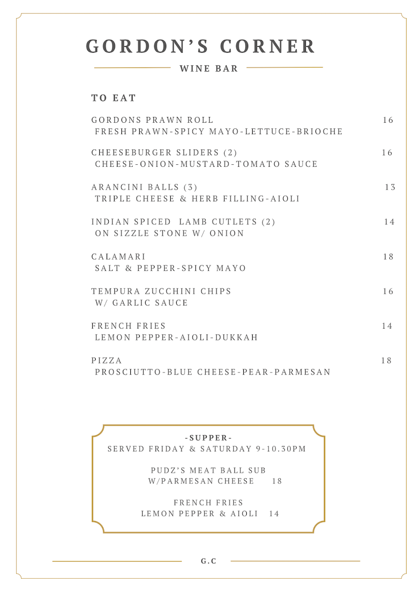 Menu, Gordons corner