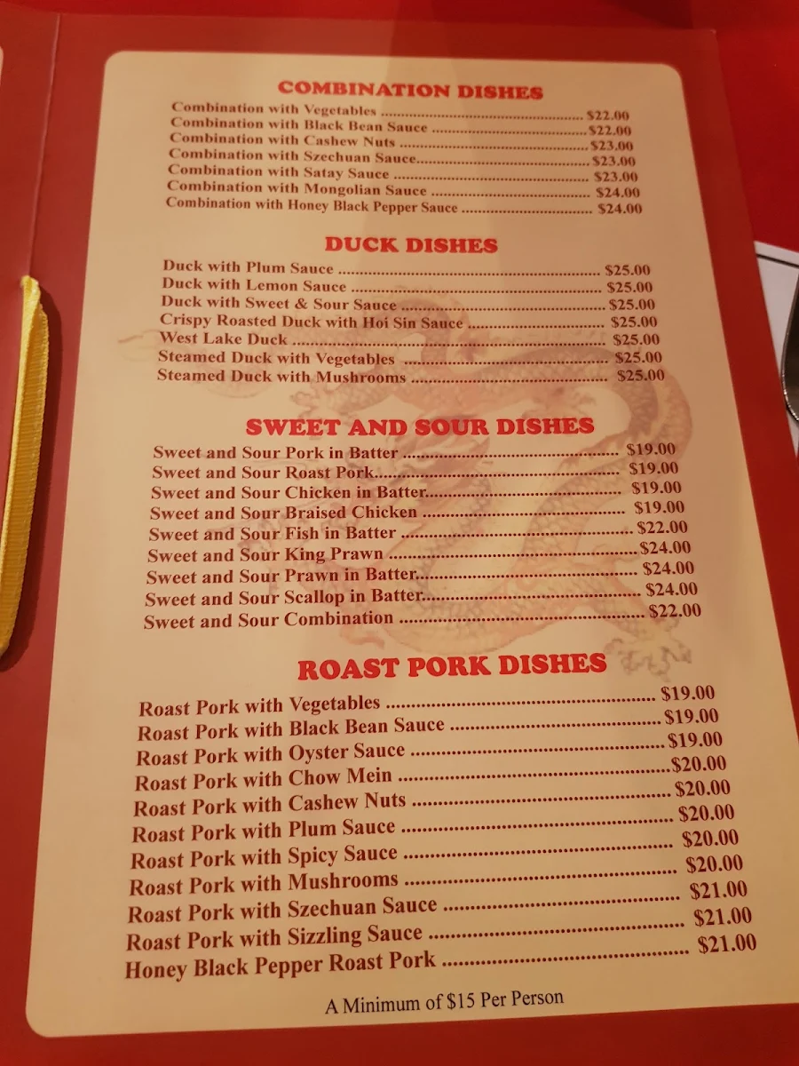 Menu, Dragon Palace