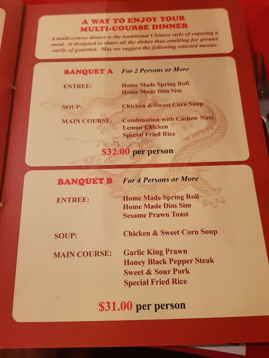 Menu, Dragon Palace