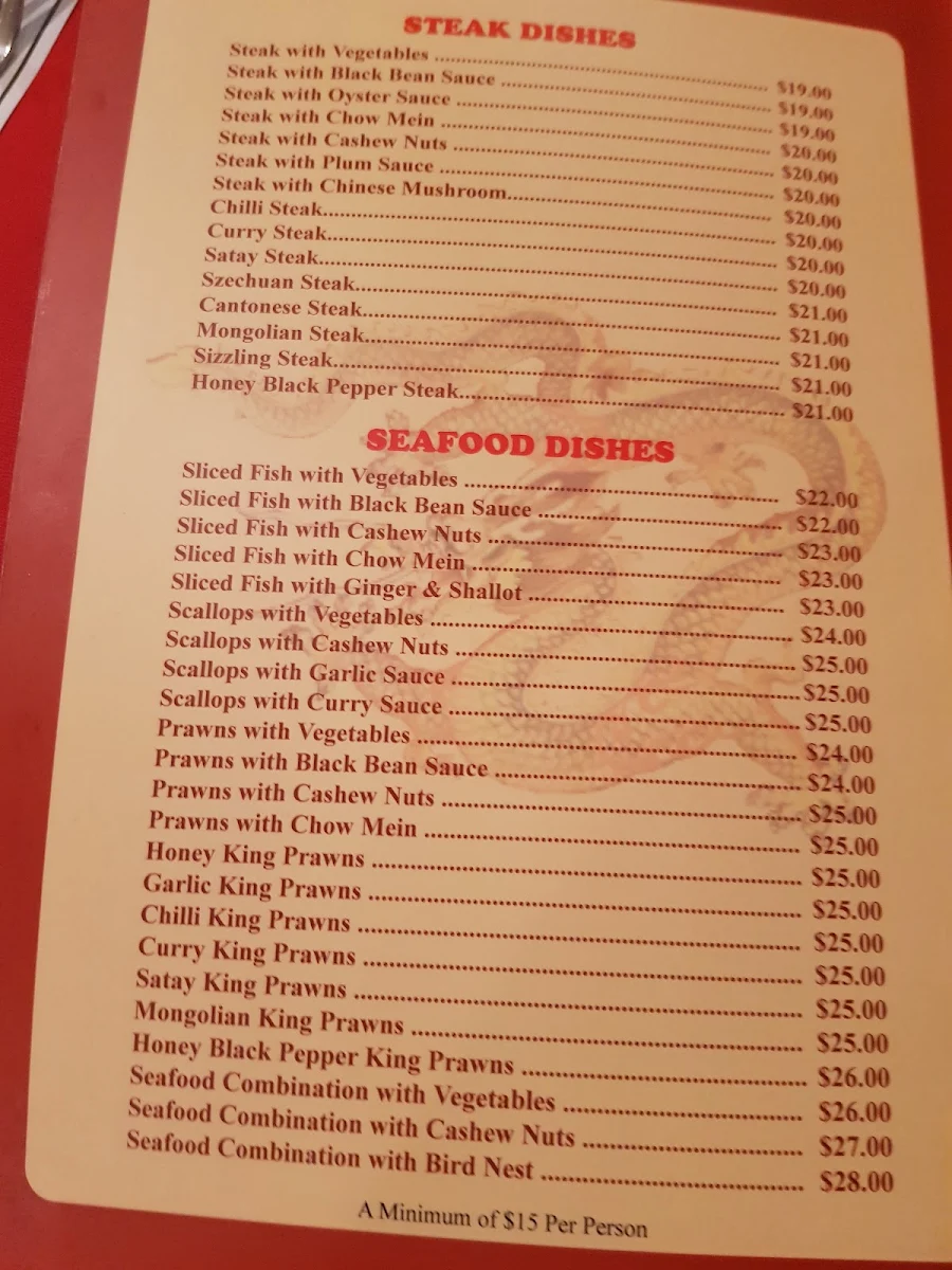 Menu, Dragon Palace