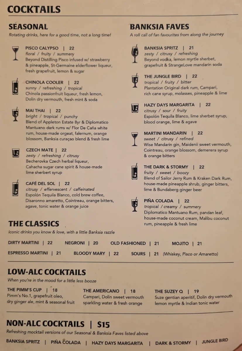 Menu, The Banksia Tavern