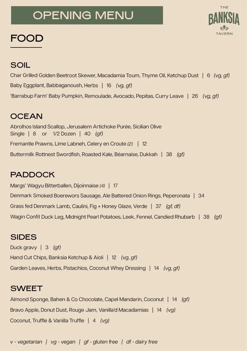 Menu, The Banksia Tavern