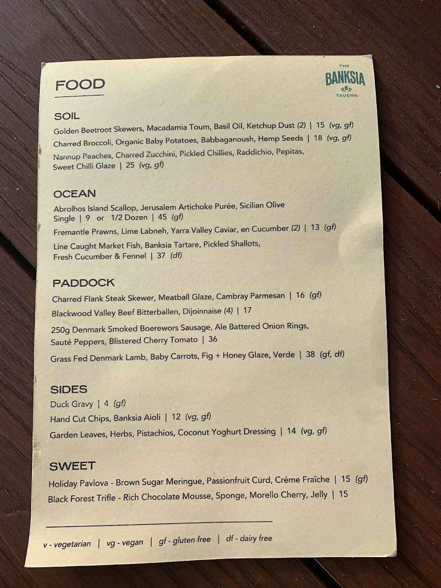 Menu, The Banksia Tavern