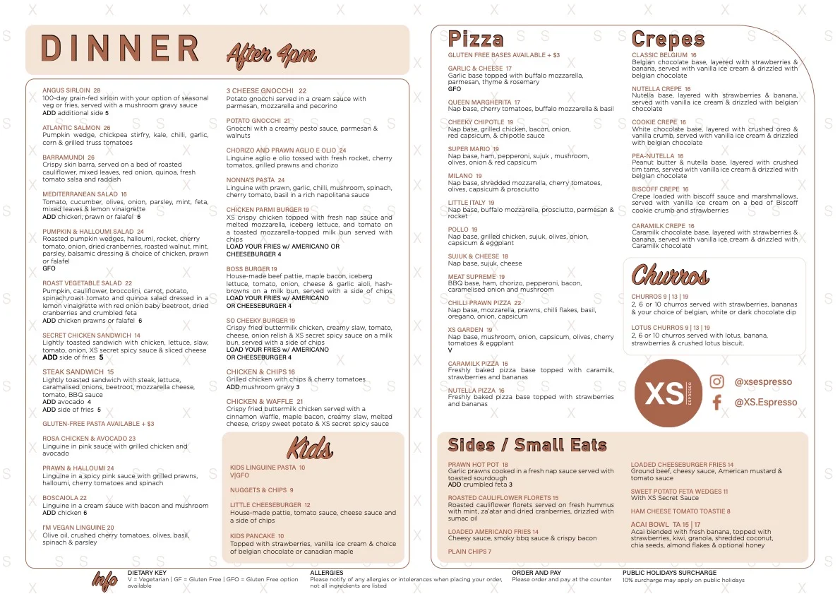 Menu, XS Espresso Rosemeadow