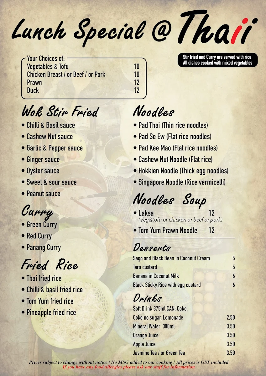 Menu, Thaii Restaurant