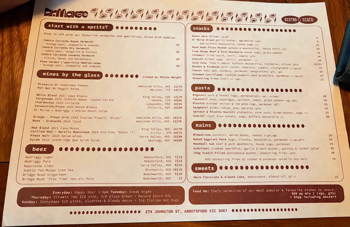 Menu, Dr Morse