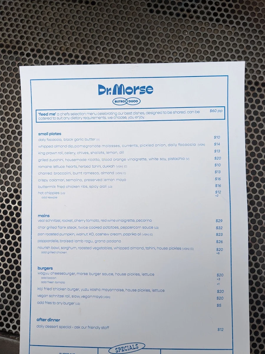 Menu, Dr Morse