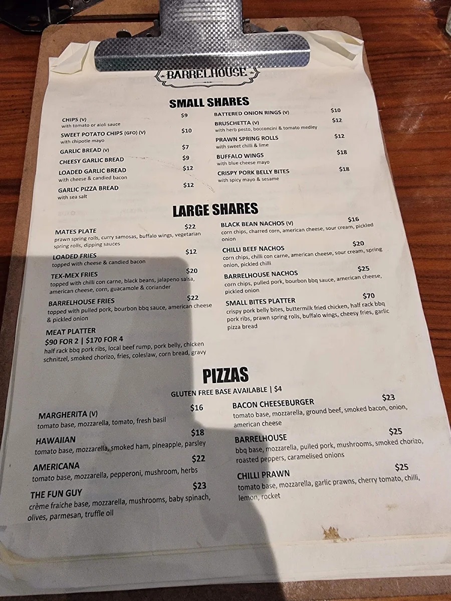 Menu, Barrelhouse Armadale