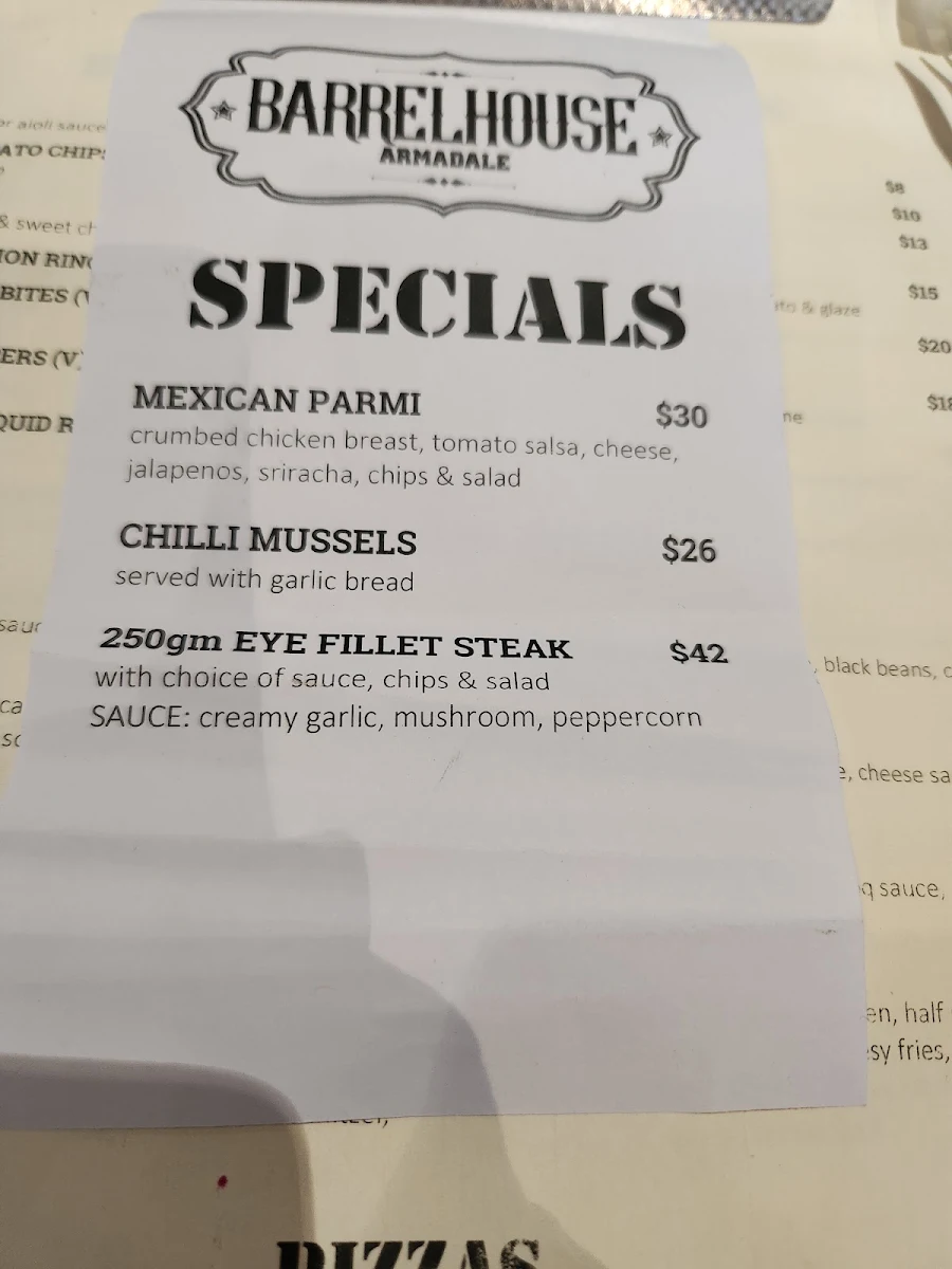 Menu, Barrelhouse Armadale