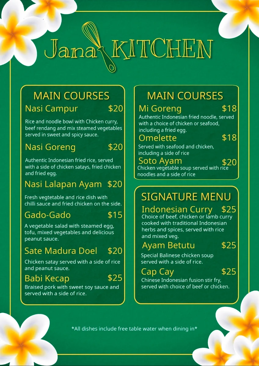 Menu, Jana Kitchen Naracoorte