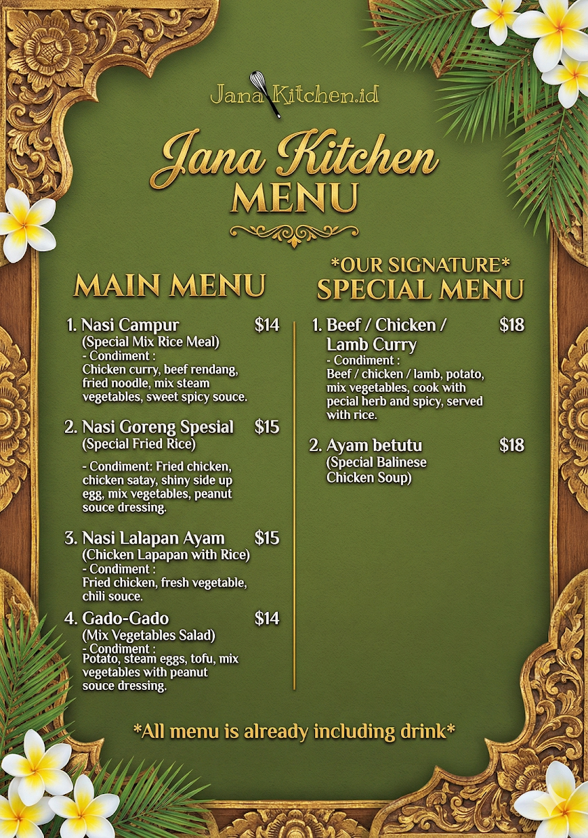 Menu, Jana Kitchen Naracoorte