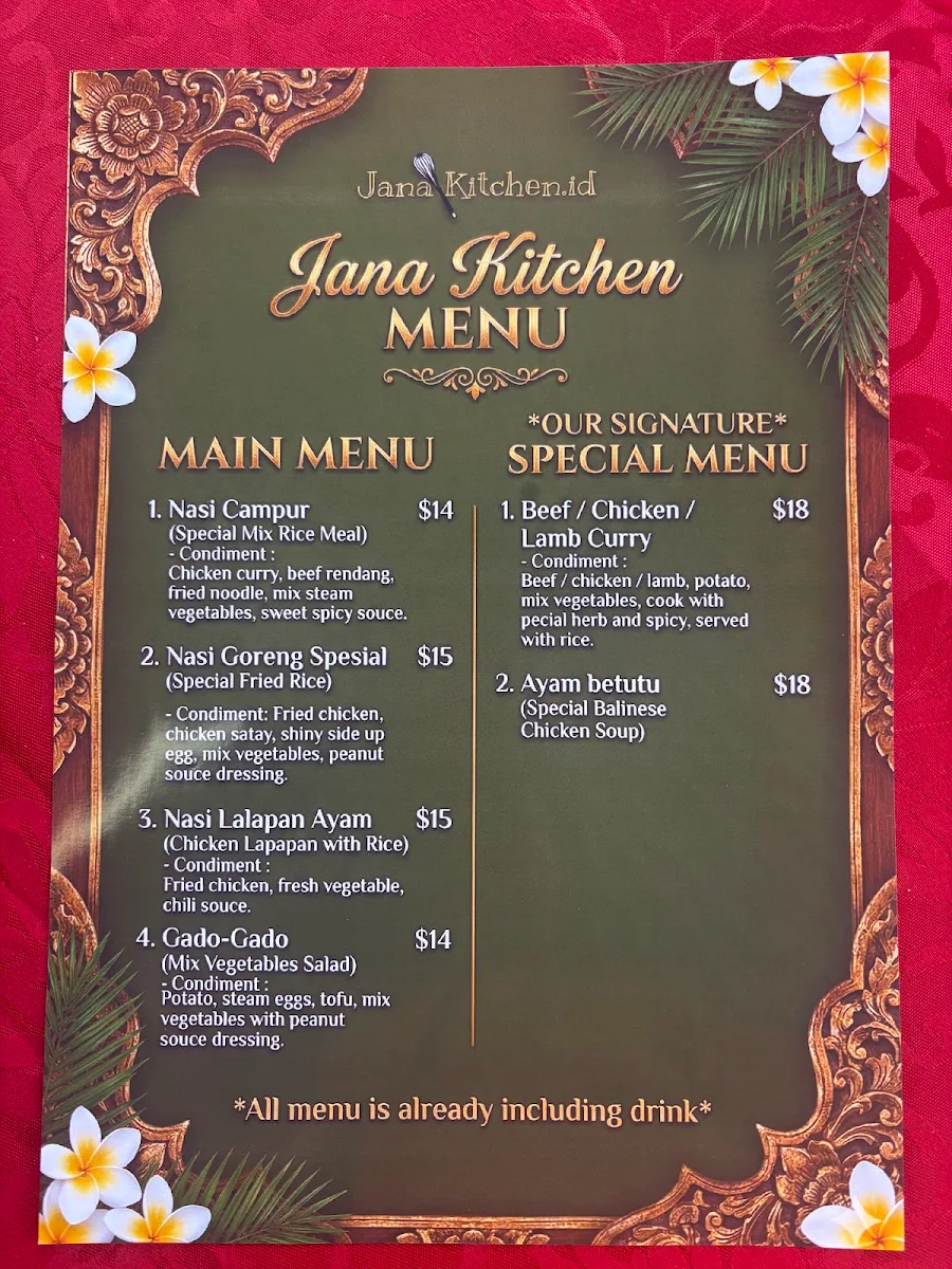 Menu, Jana Kitchen Naracoorte