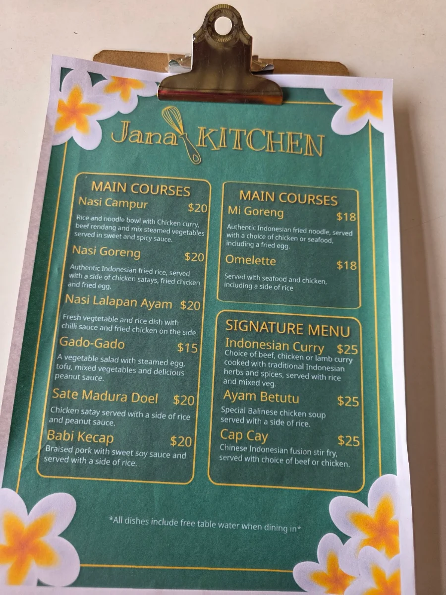 Menu, Jana Kitchen Naracoorte