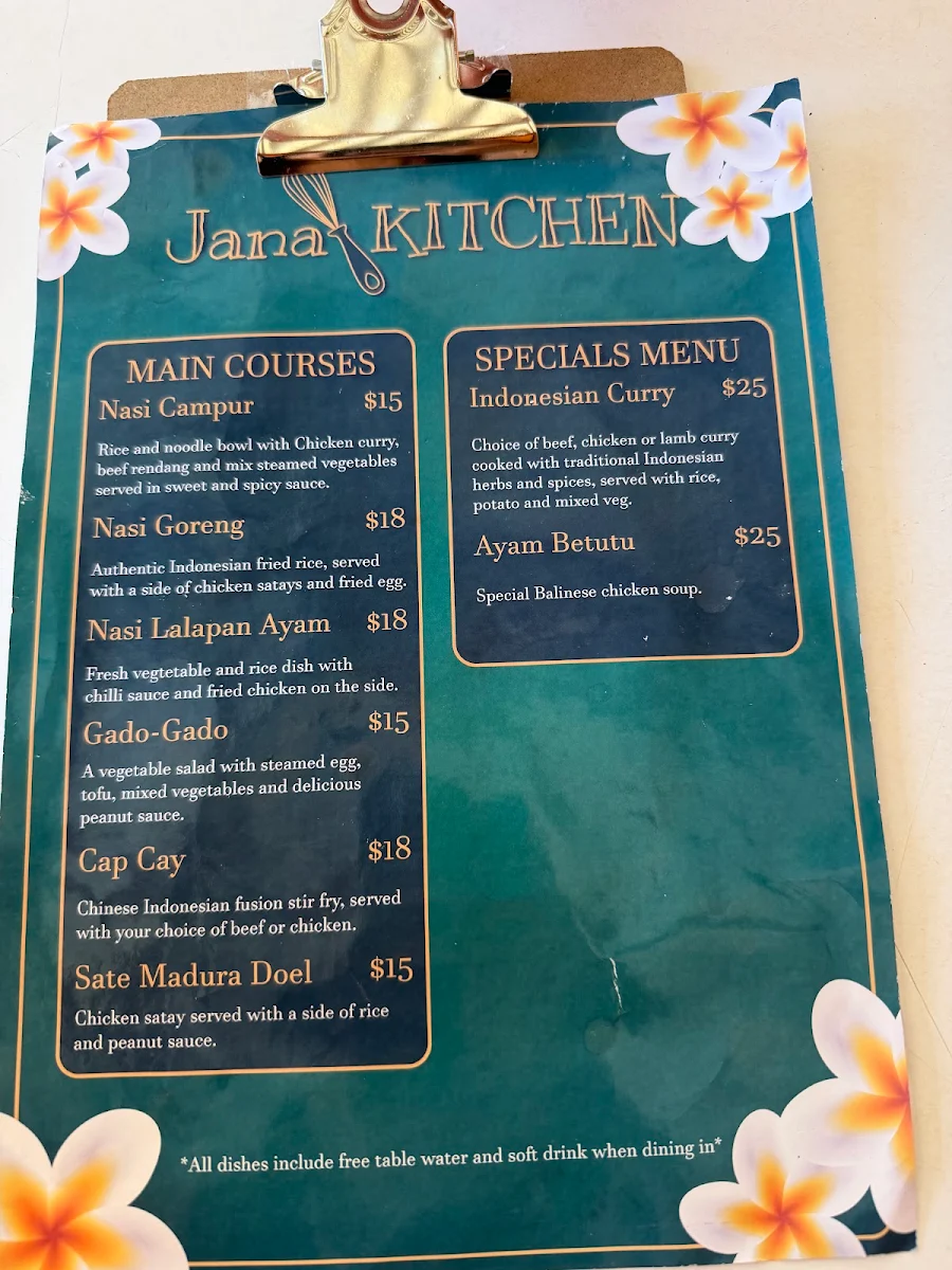 Menu, Jana Kitchen Naracoorte