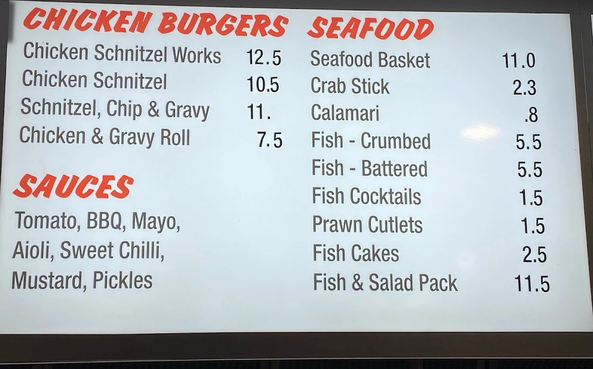 Menu, TC's Takeaway
