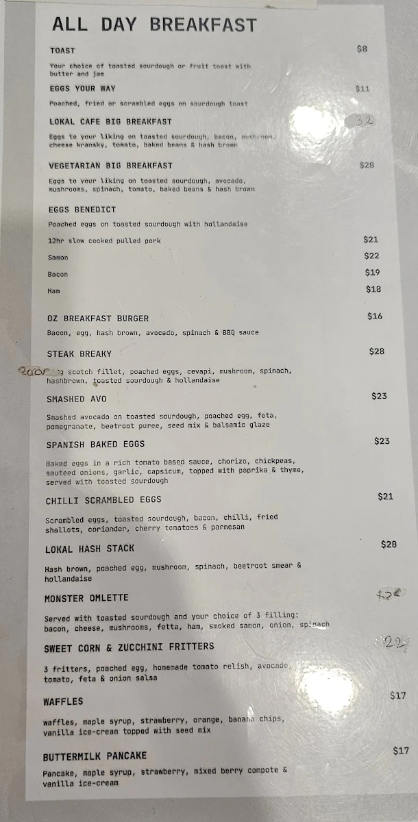 Menu, Lokal Cafe 3030