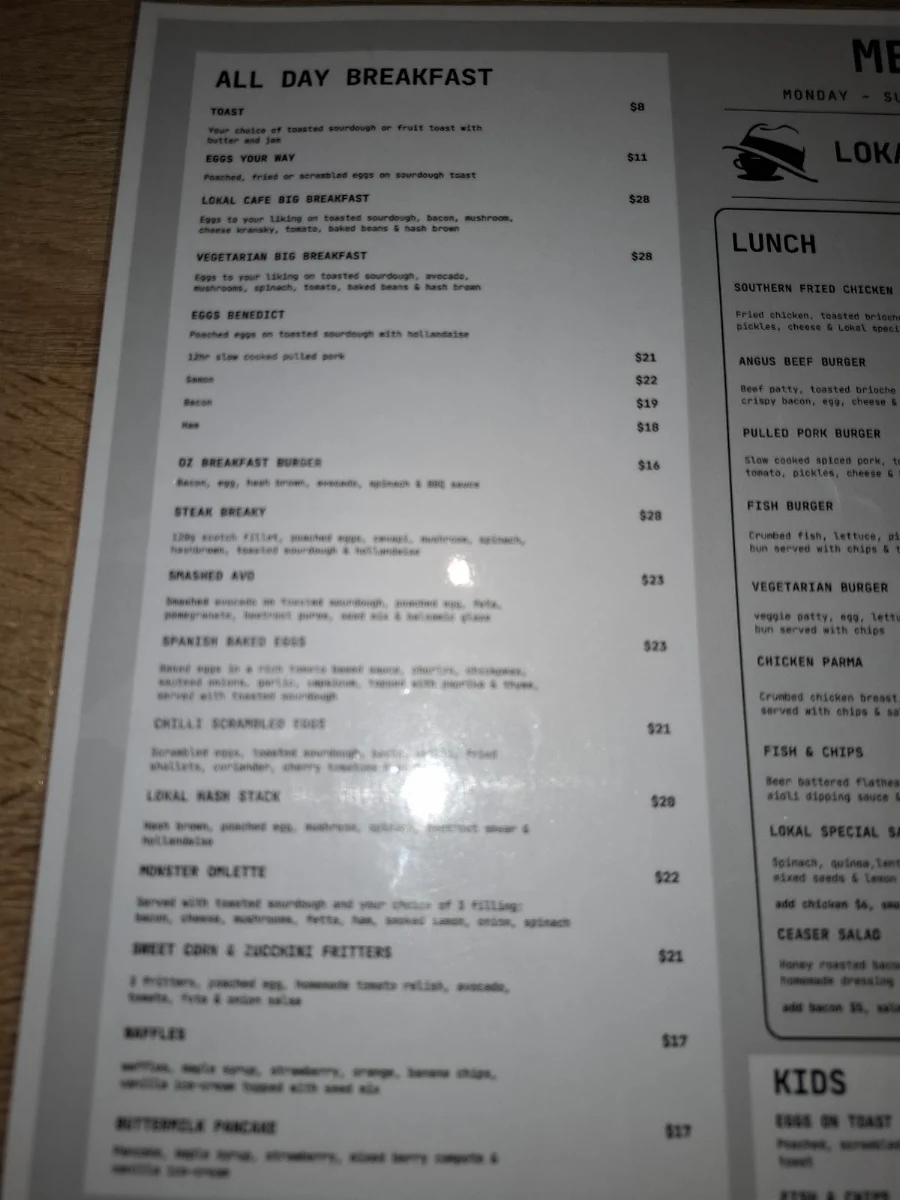 Menu, Lokal Cafe 3030