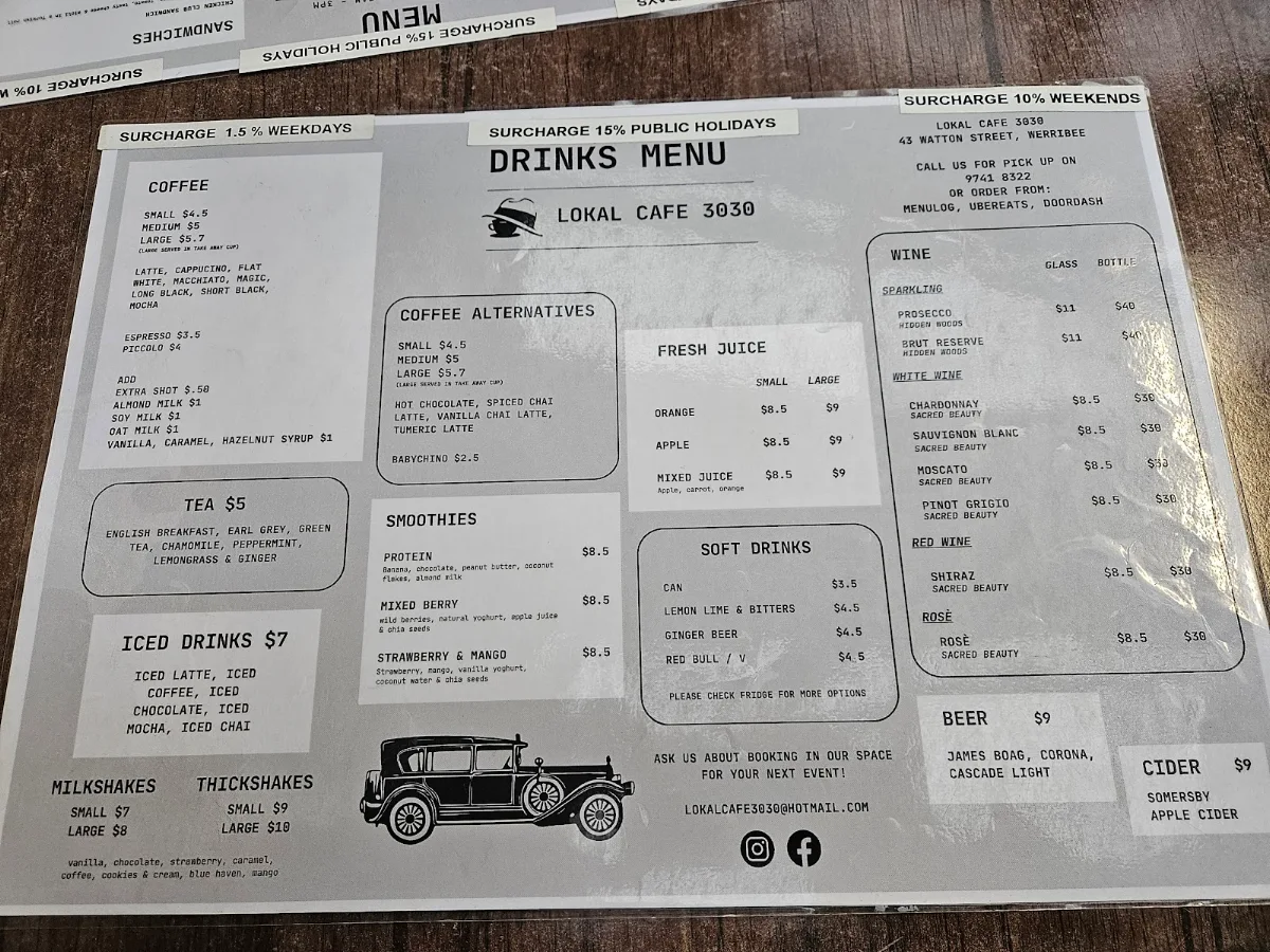 Menu, Lokal Cafe 3030
