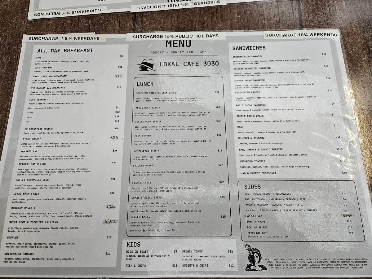 Menu, Lokal Cafe 3030