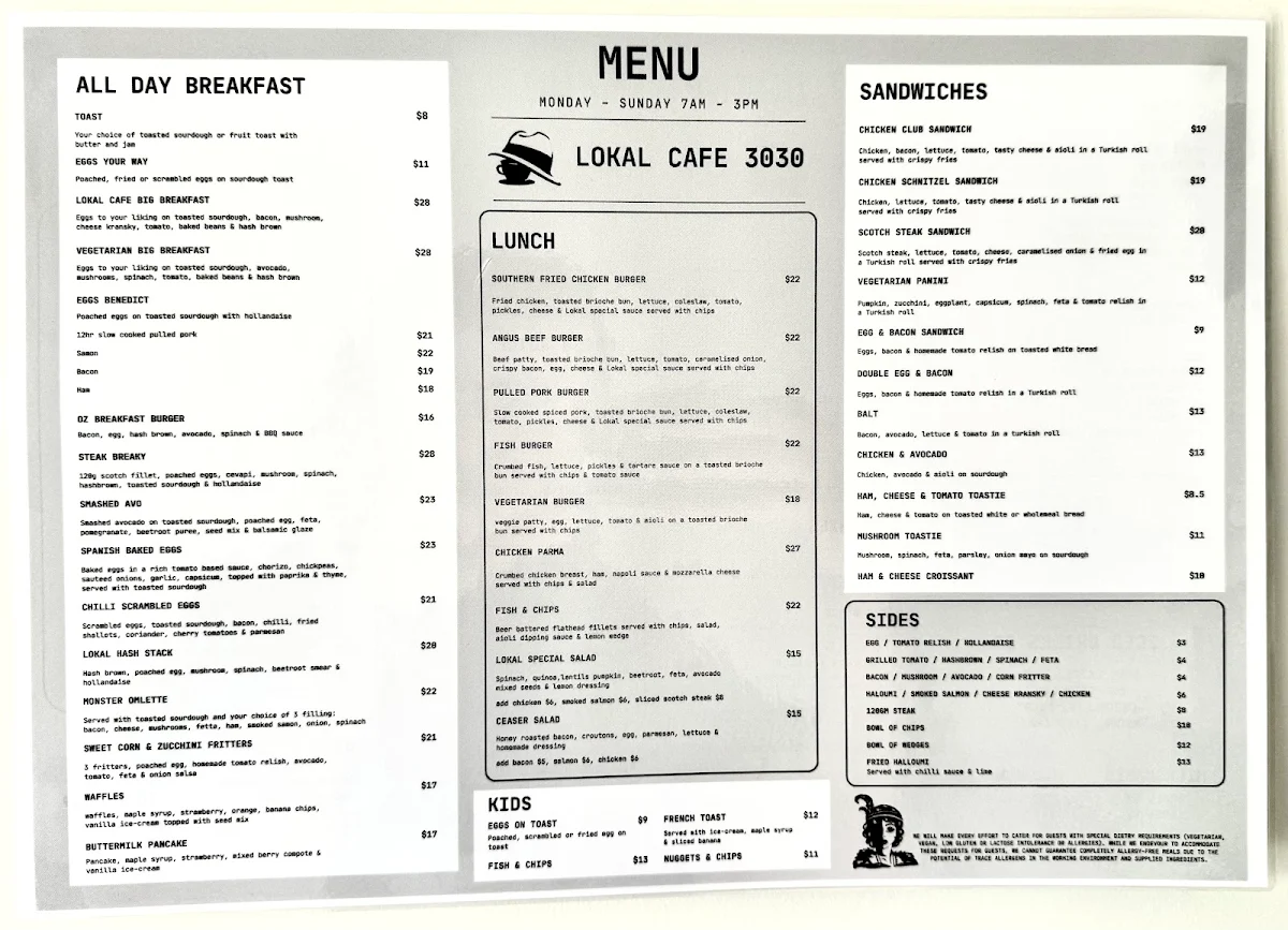 Menu, Lokal Cafe 3030