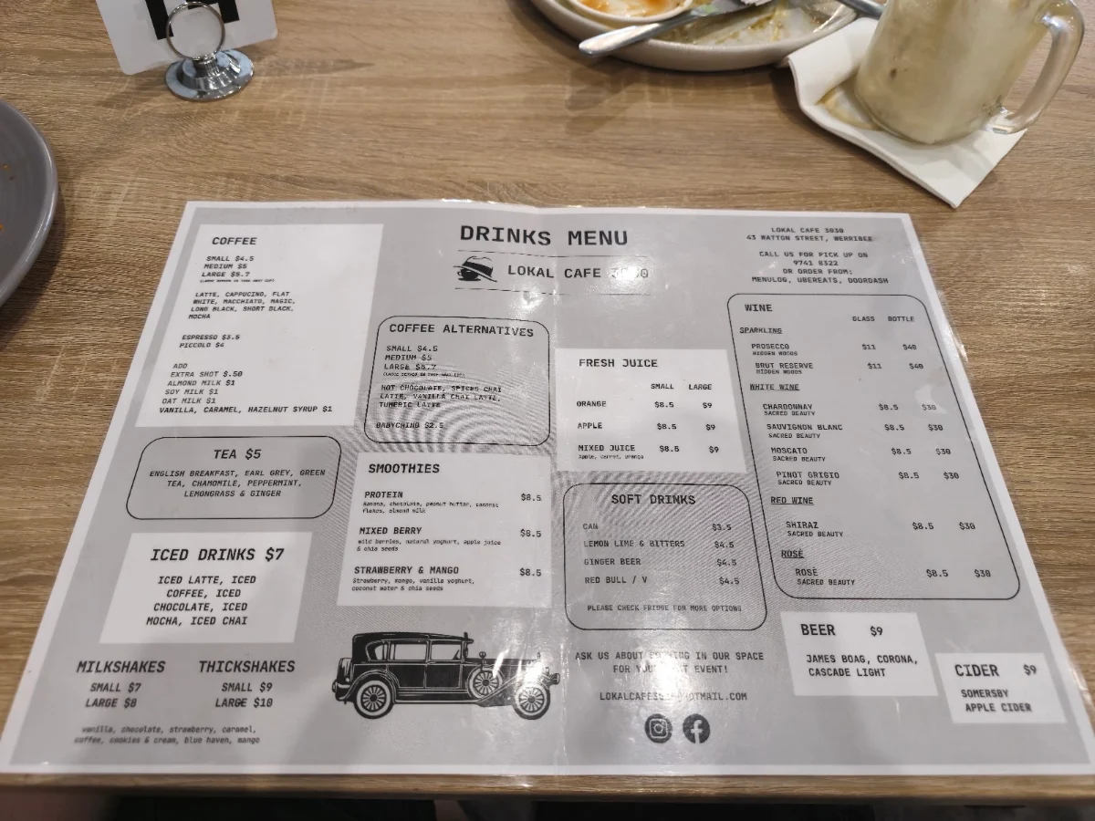 Menu, Lokal Cafe 3030