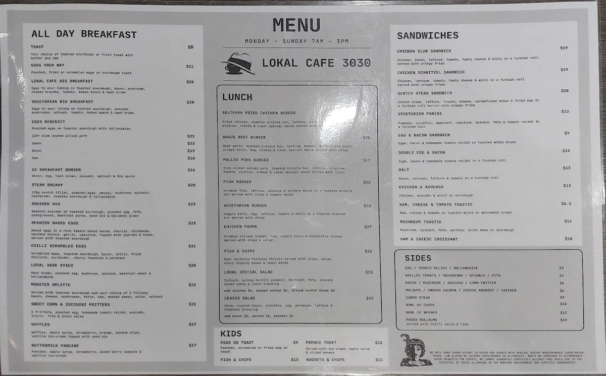 Menu, Lokal Cafe 3030