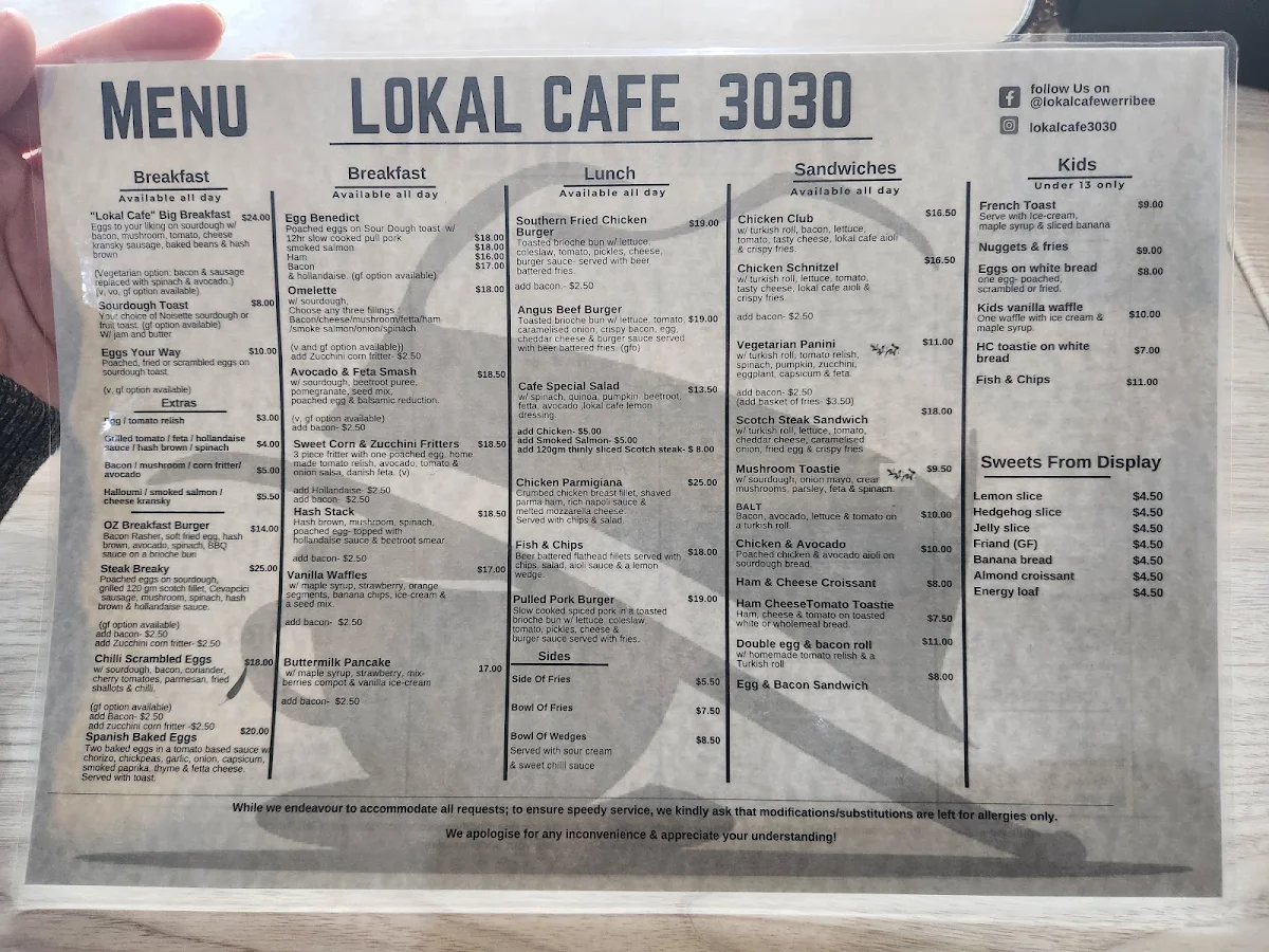 Menu, Lokal Cafe 3030