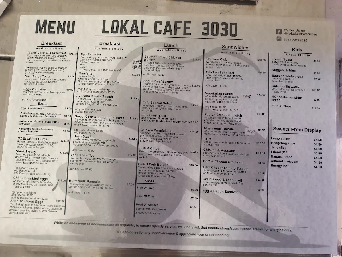 Menu, Lokal Cafe 3030