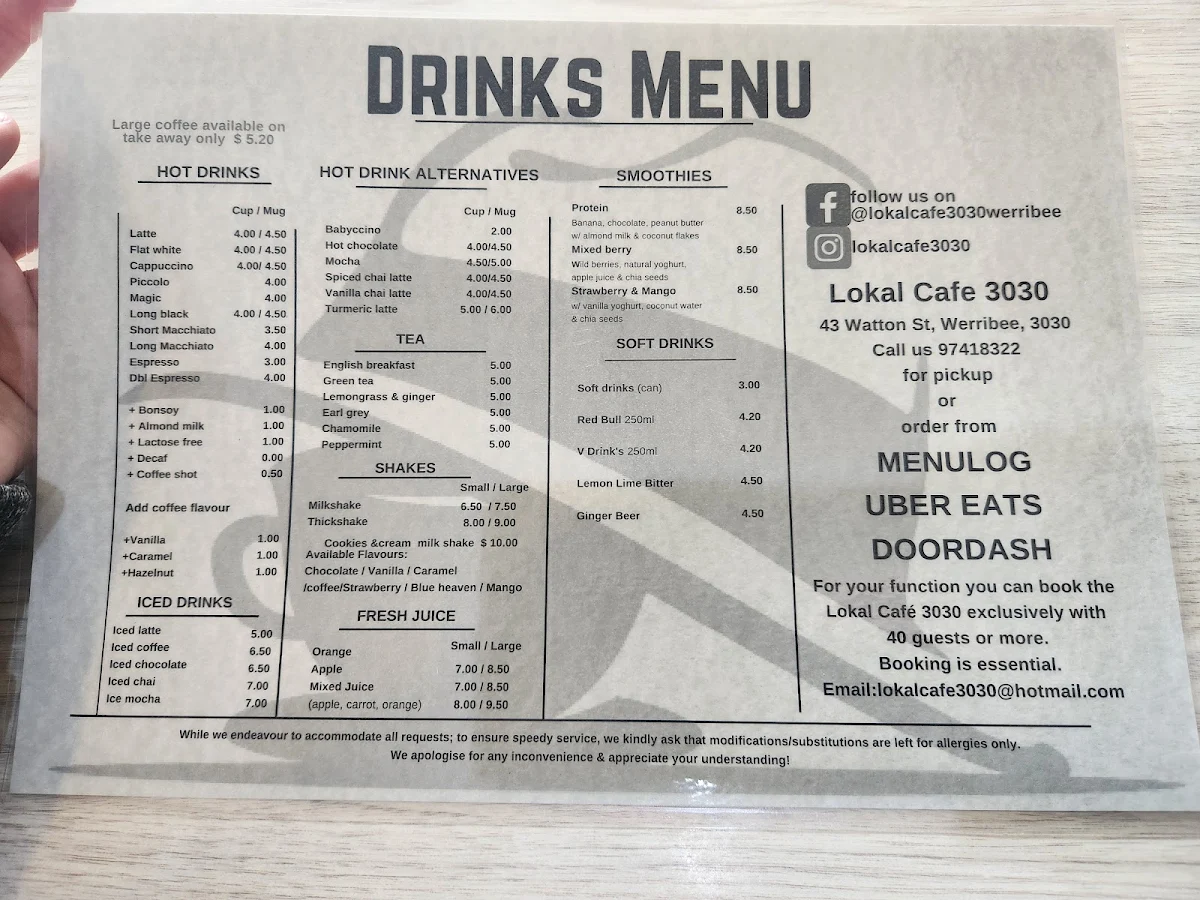 Menu, Lokal Cafe 3030