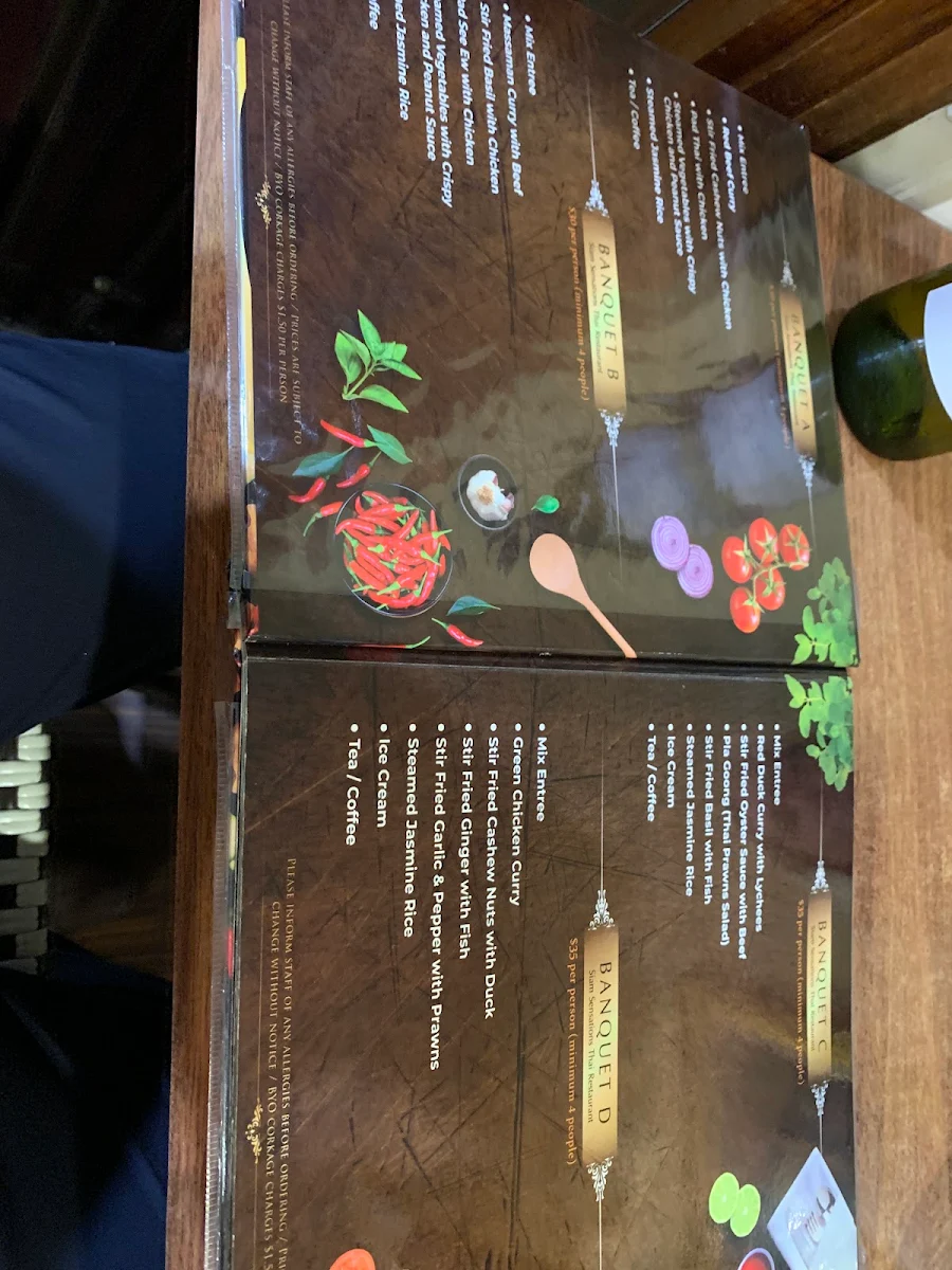 Menu, Siam Sensations Thai Restaurant