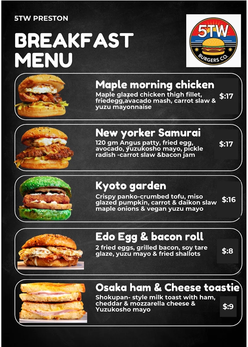 Menu, 5TW BURGERS CO. PRESTON