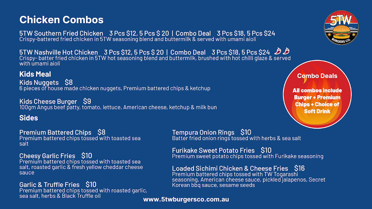 Menu, 5TW BURGERS CO. PRESTON