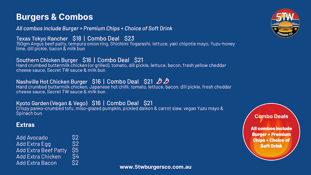 Menu, 5TW BURGERS CO. PRESTON