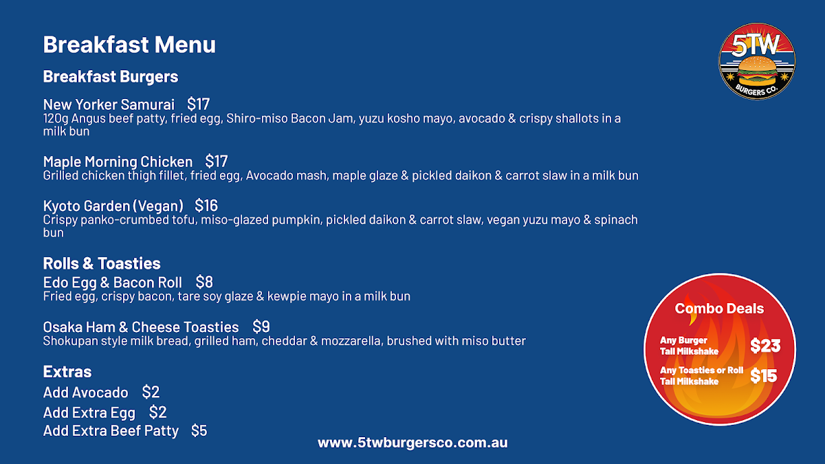 Menu, 5TW BURGERS CO. PRESTON