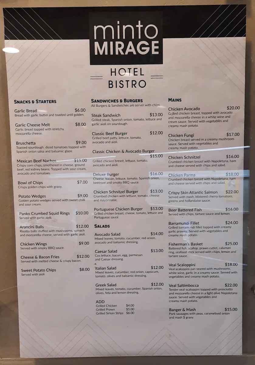 Menu, Minto Mirage Bistro