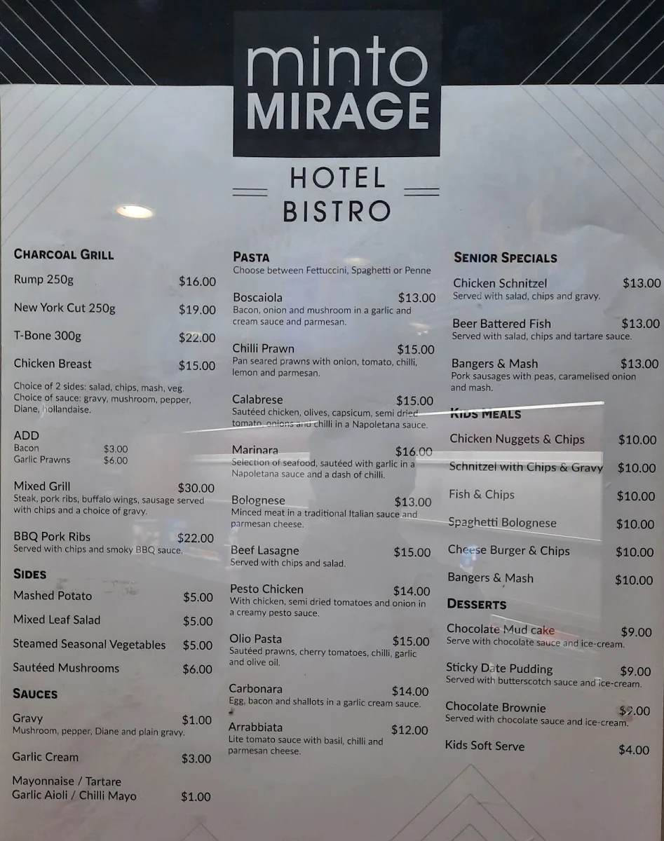 Menu, Minto Mirage Bistro
