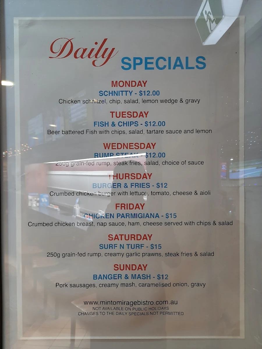 Menu, Minto Mirage Bistro