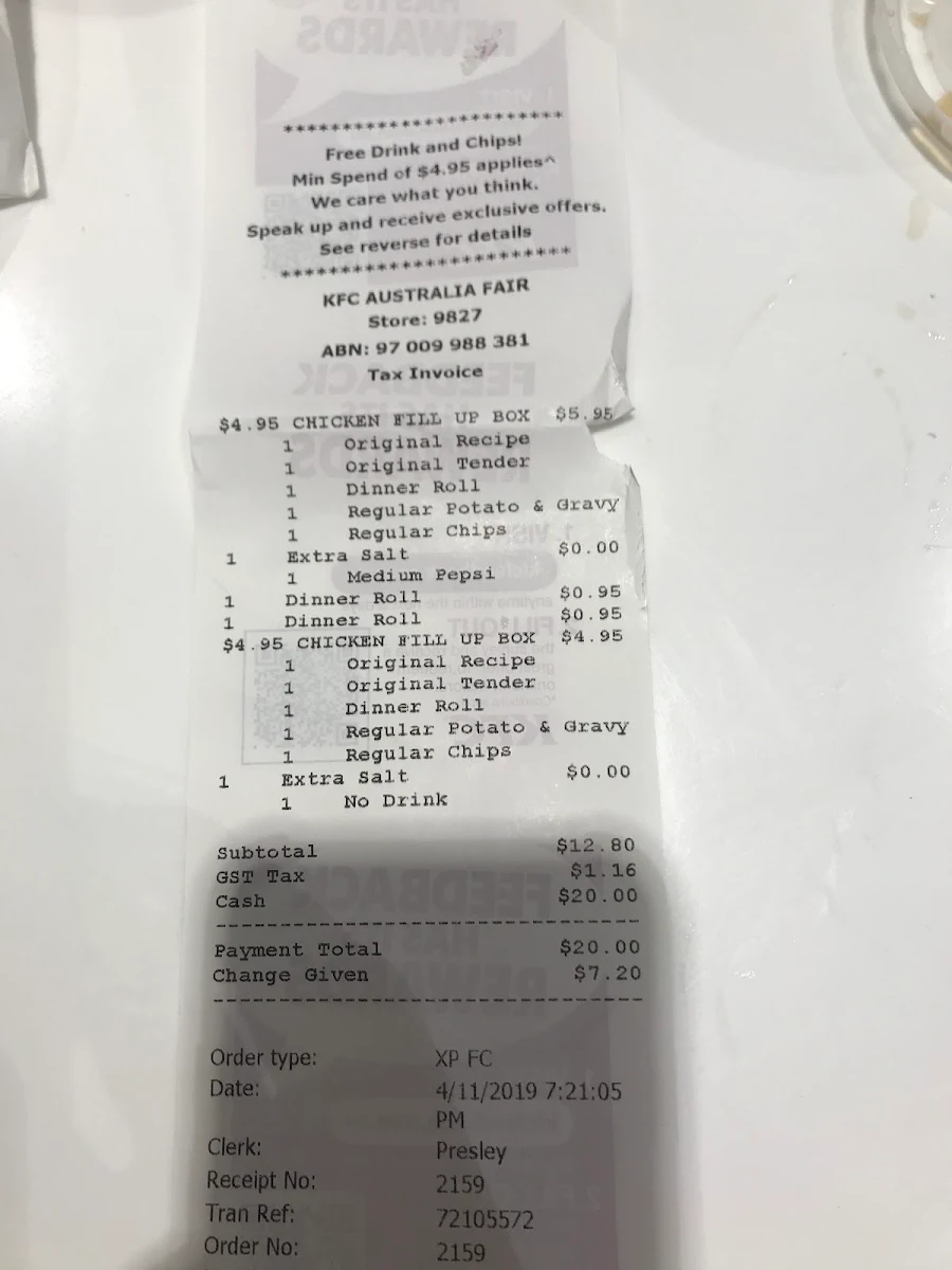 Menu, KFC Australia Fair