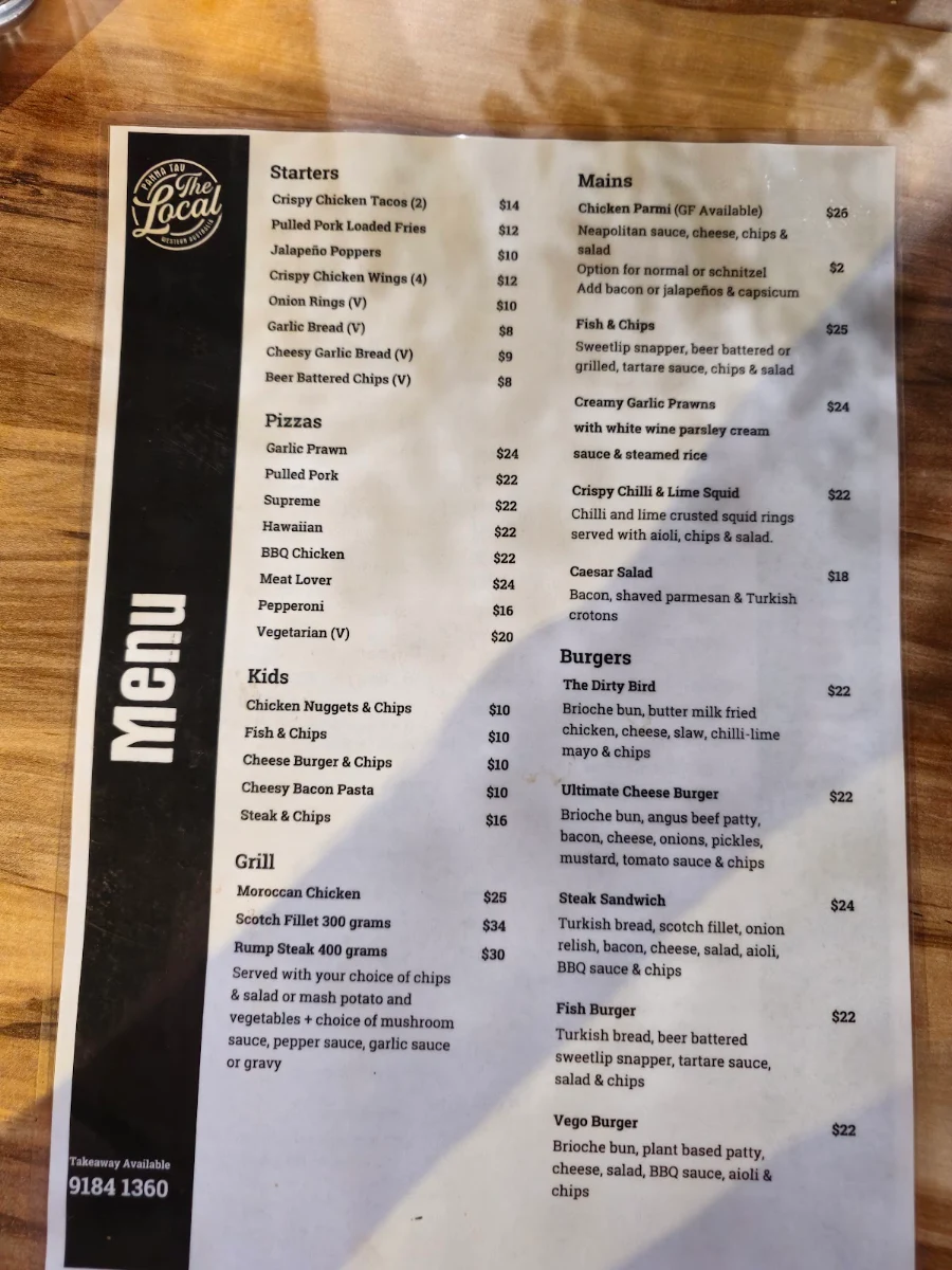 Menu, Pannawonica Tavern