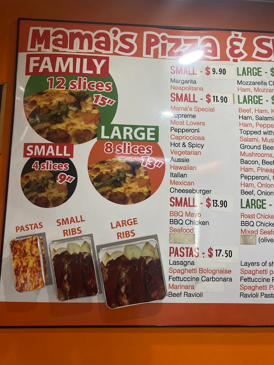 Menu, Mamas pizza and ribs
