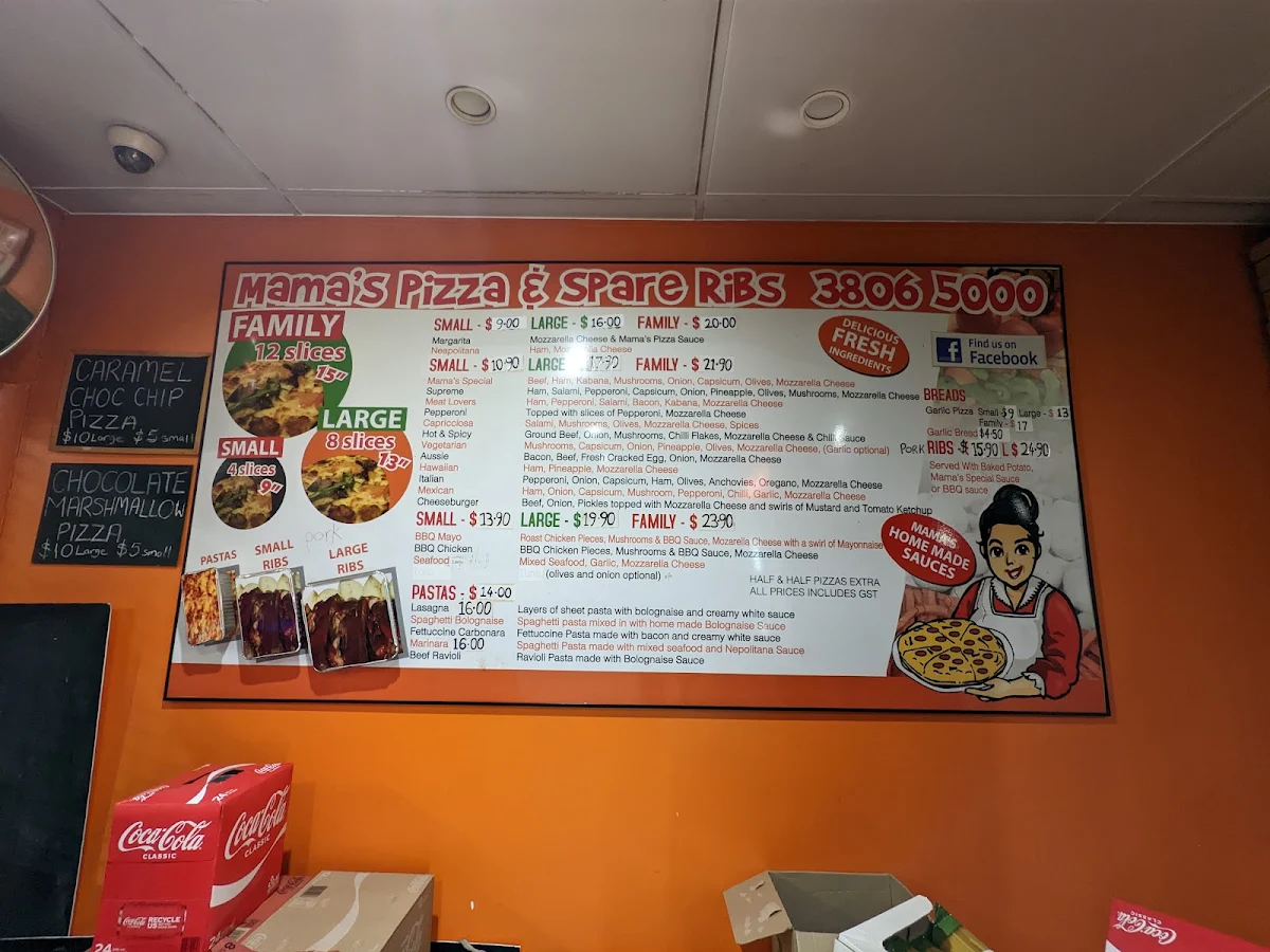 Menu, Mamas pizza and ribs