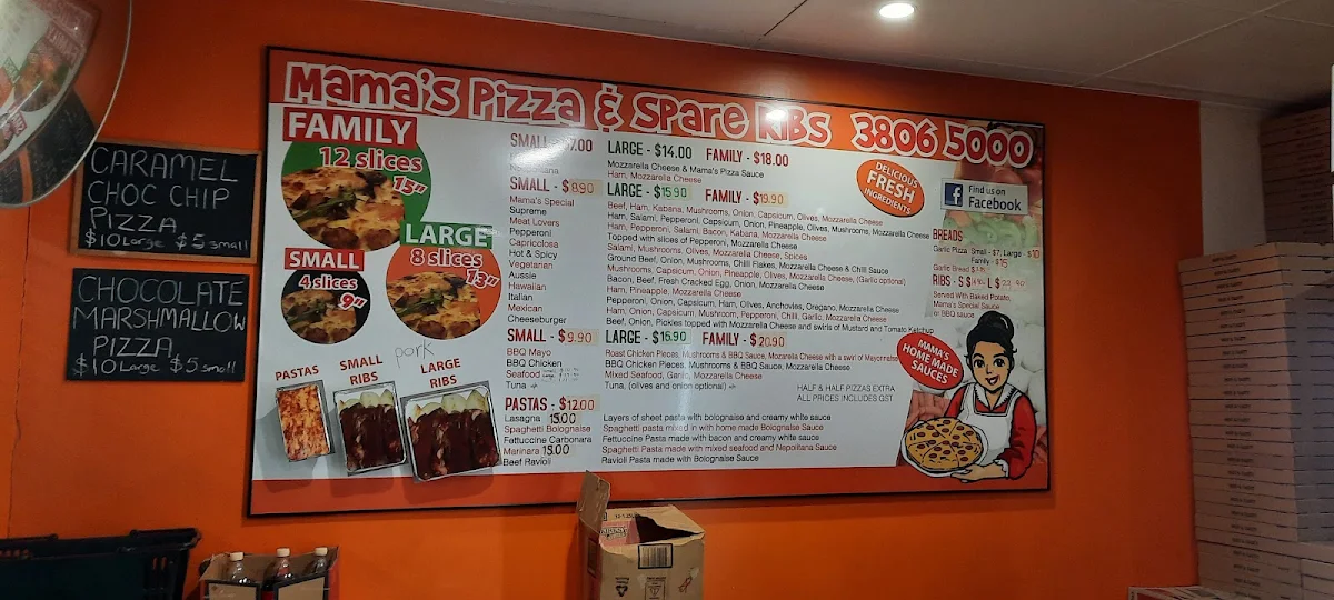 Menu, Mamas pizza and ribs