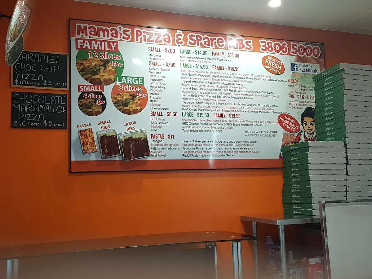 Menu, Mamas pizza and ribs