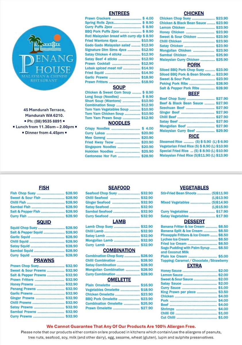 Menu, Penang House
