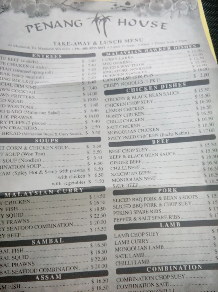 Menu, Penang House
