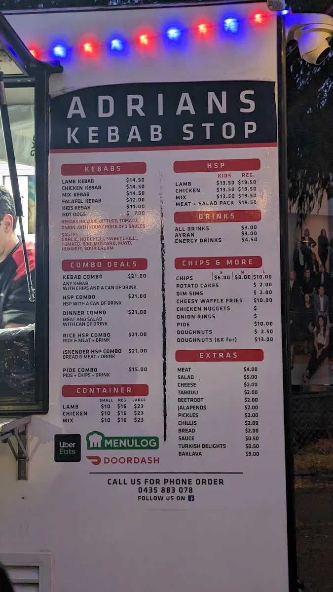 Menu, Adrians Kebab Stop