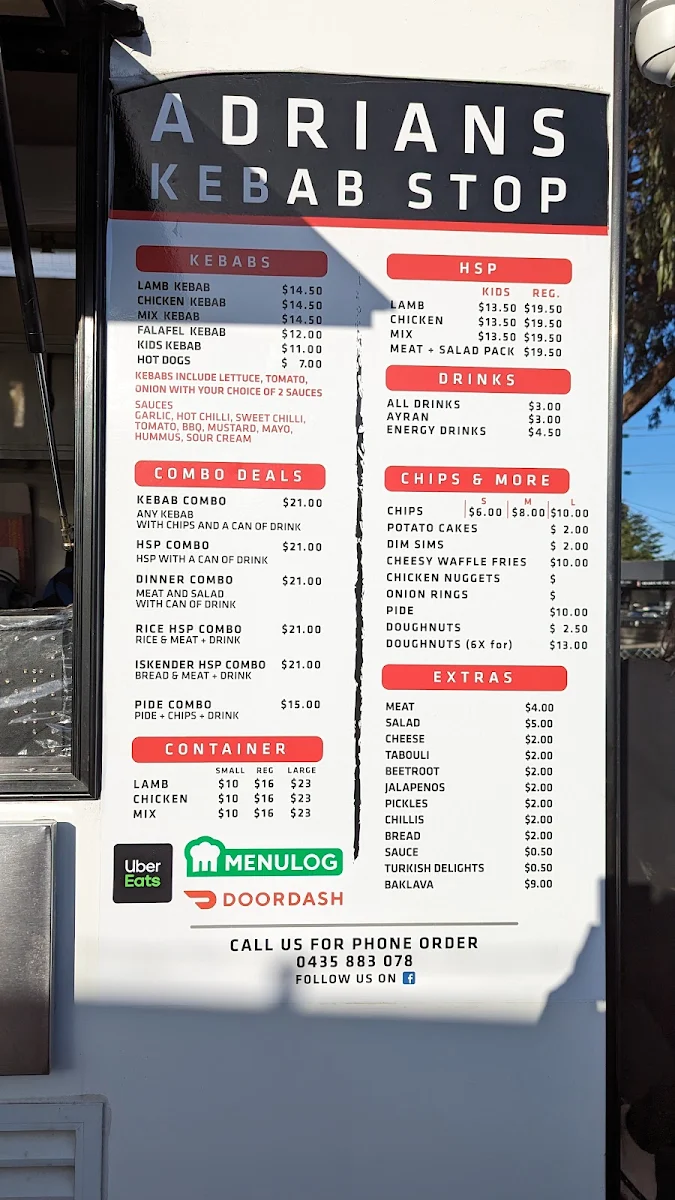 Menu, Adrians Kebab Stop